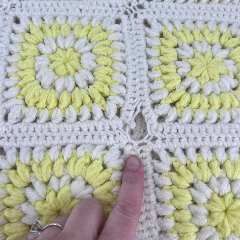 Vintage Handmade Large Afghan Blanket Yellow & White Camp Adirondack rustic 42 x